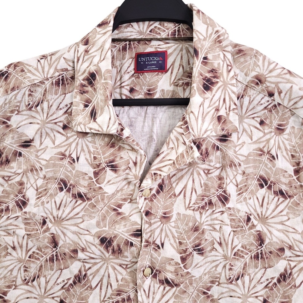UNTUCKit Linen Shirt Men XL Tan Floral Leaf Hawaiian Camp Loop Button Up Aidani